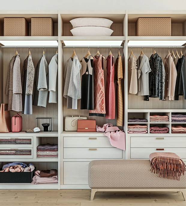 Organized closet with clothes, bags, and blankets.