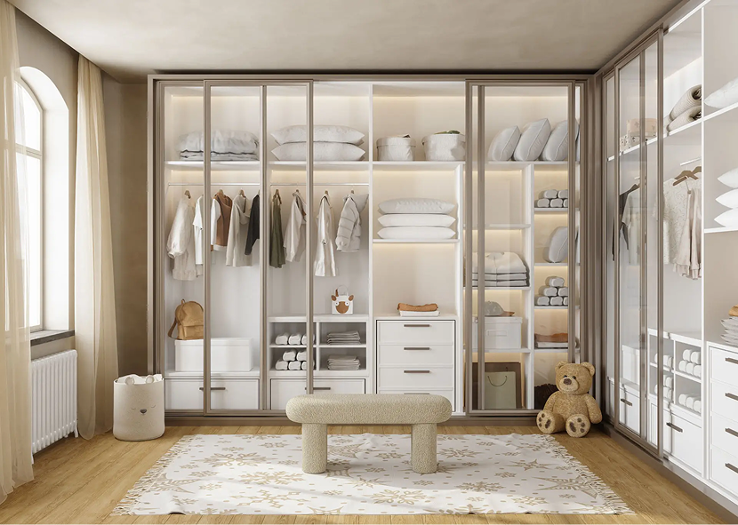 Modern walk-in closet with organized shelves.