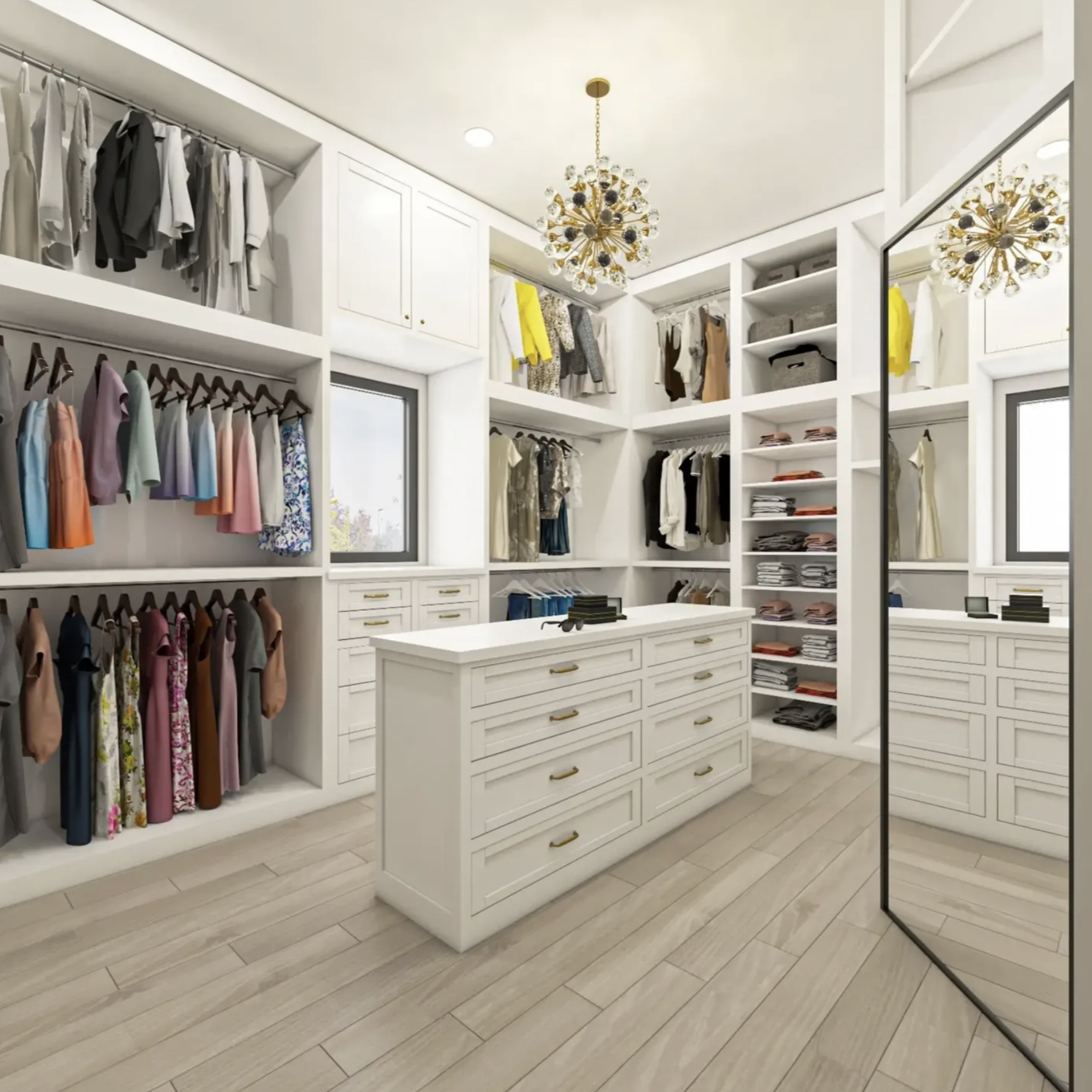 Spacious modern walk-in closet with organized shelves and a central island.