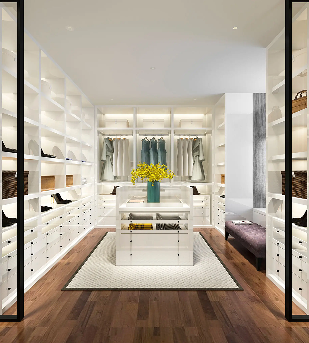 Luxurious walk-in closet with organized shelves.